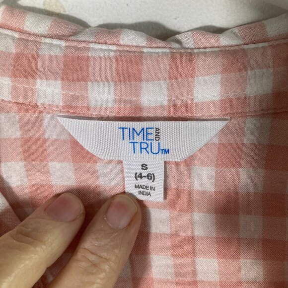 Womens Time and Tru Gingham Button Shirt Roll Tab Sleeve S Pink White Viscose - Picture 7 of 9